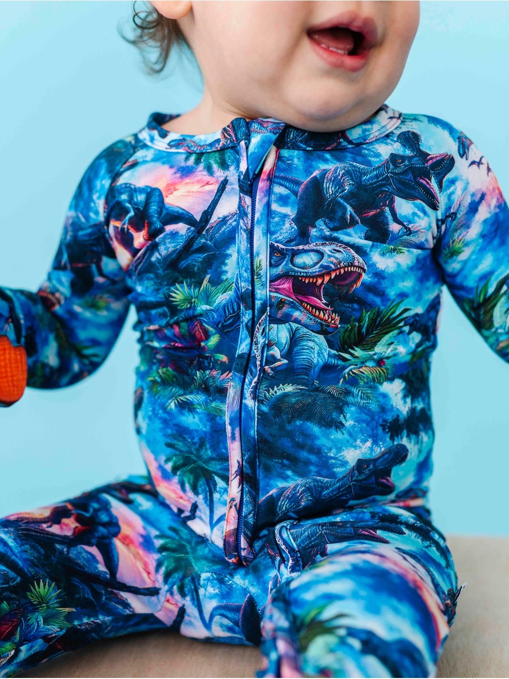 Bums and Roses Rex-Tra Blue Dinosaur Zip-Up Footed One-Piece Pajama